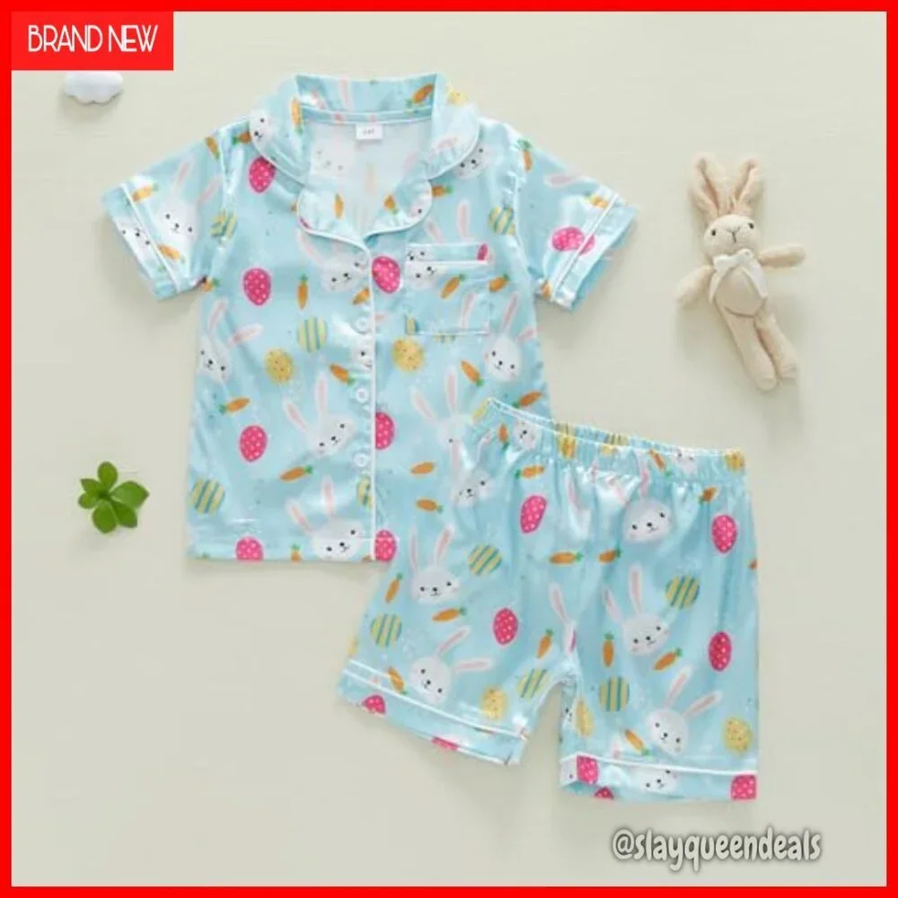 Toddler Easter Bunny Silk Pajama Set Short Sleeve Button Shirt Lounge Shorts